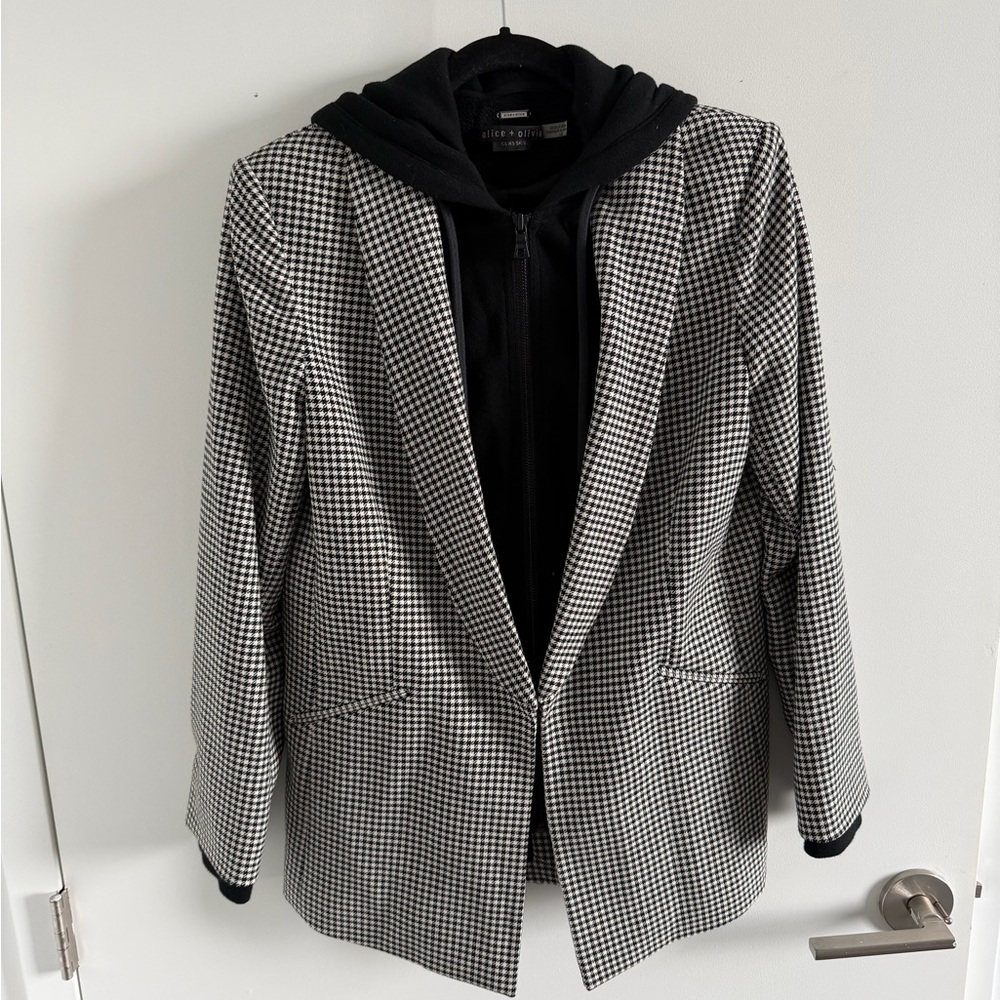 Alice + Olivia checker patterned blazer with hoodie attached